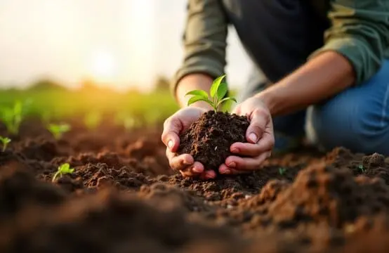 Lush agricultural field with hands holding soil